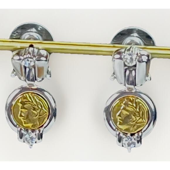 VTG Danecraft Gold and Silver Tone ROMAN COIN Clear Crystal Dangle Drop Earrings - Picture 8 of 12